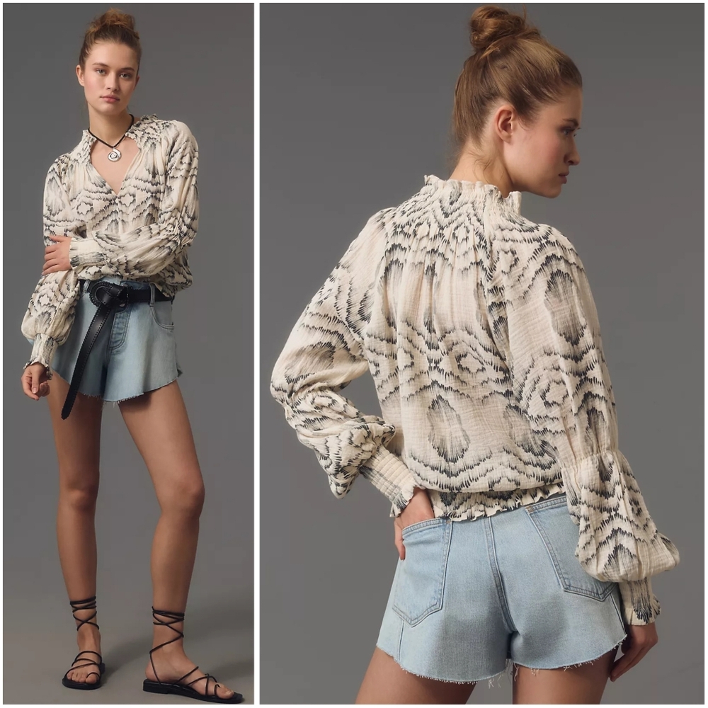 Anthropologie Porridge Long Sleeve Gauze Smocked Top XS